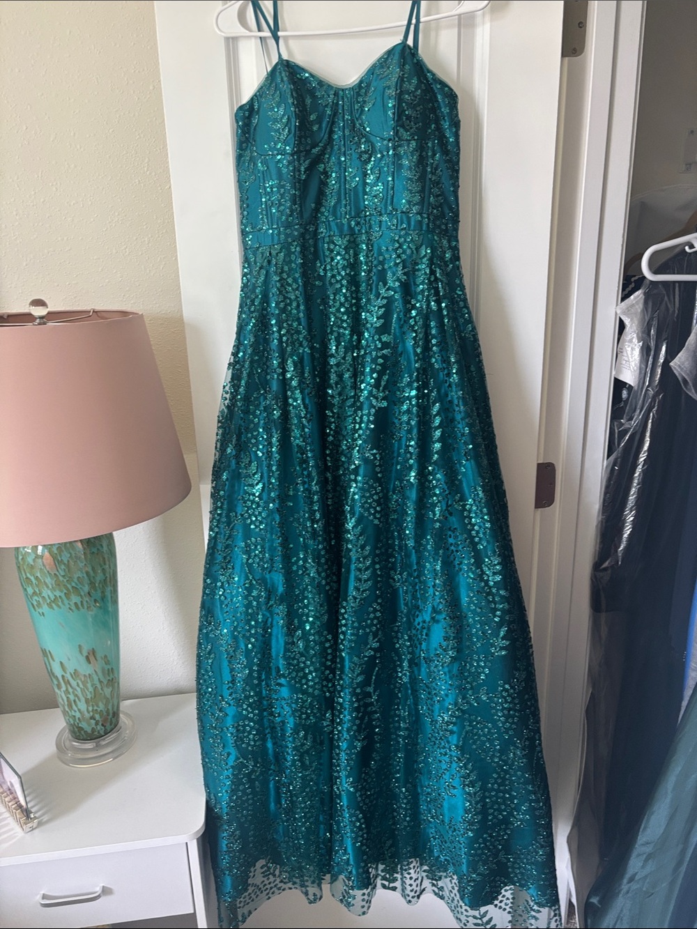 Windsor Teal Sequin A-Line Prom Dress